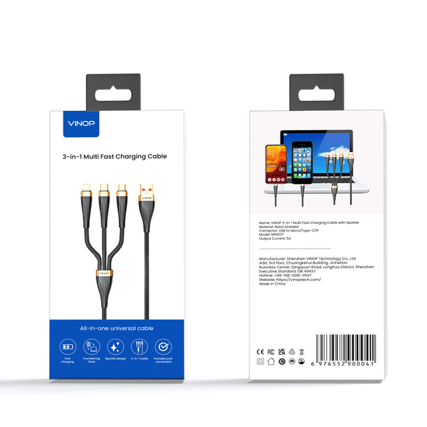 VINOP 3-in-1 Multi Fast Charging Cable with Sparkle