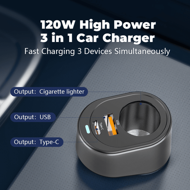 VINOP 3 in 1 Fast Car Charger (PD+QC+Cigarette Lighter)