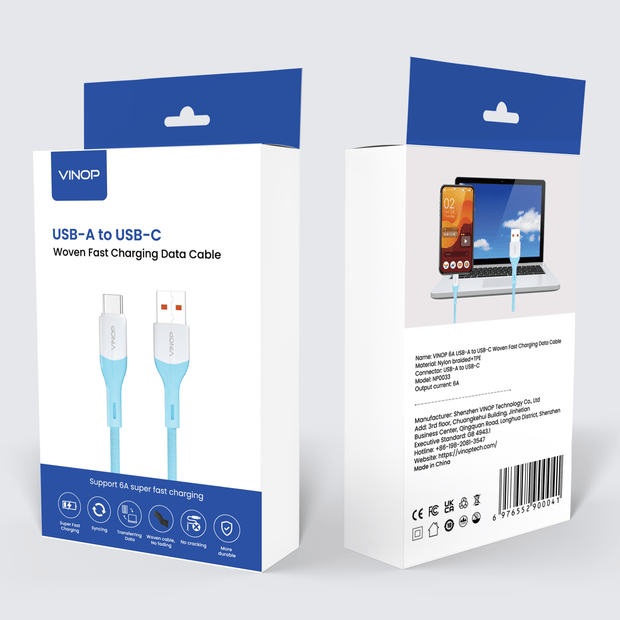 VINOP 6A USB-A to USB-C Woven Fast Charging Data Cable Blue