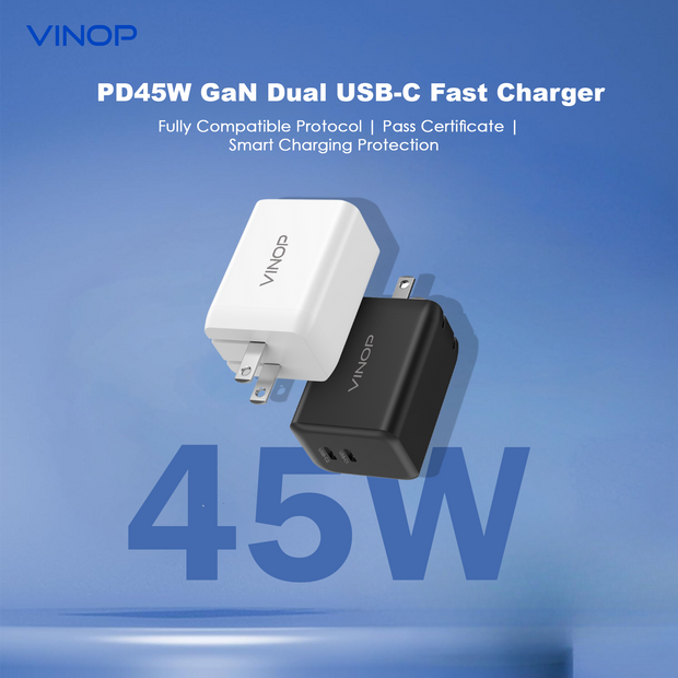 Introducing the VINOP PD45W Dual USB-C GaN Fast Charger, certified with CE and ETL for safe fast charging. Simultaneously quick charge your Samsung and iPhone smartphones, saving time.