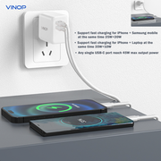 Experience lightning-fast charging with the VINOP PD45W Dual USB-C GaN Fast Charger! With a sleek and compact design, this charger delivers maximum power to your devices. Boost your productivity and say goodbye to low battery anxiety. Choose from either EU or US plug options. Power up in style with VINOP!