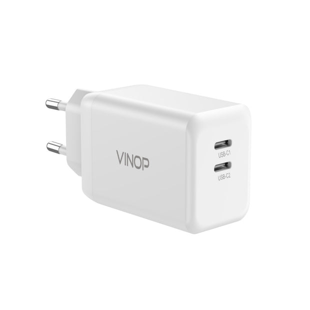 Introducing the VINOP PD45W Dual USB-C GaN Fast Charger, certified with CE and ETL for safe fast charging. Simultaneously quick charge your Samsung and iPhone smartphones, saving time.