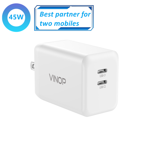 Experience lightning-fast charging with the VINOP PD45W Dual USB-C GaN Fast Charger! With a sleek and compact design, this charger delivers maximum power to your devices. Boost your productivity and say goodbye to low battery anxiety. Choose from either EU or US plug options. Power up in style with VINOP!