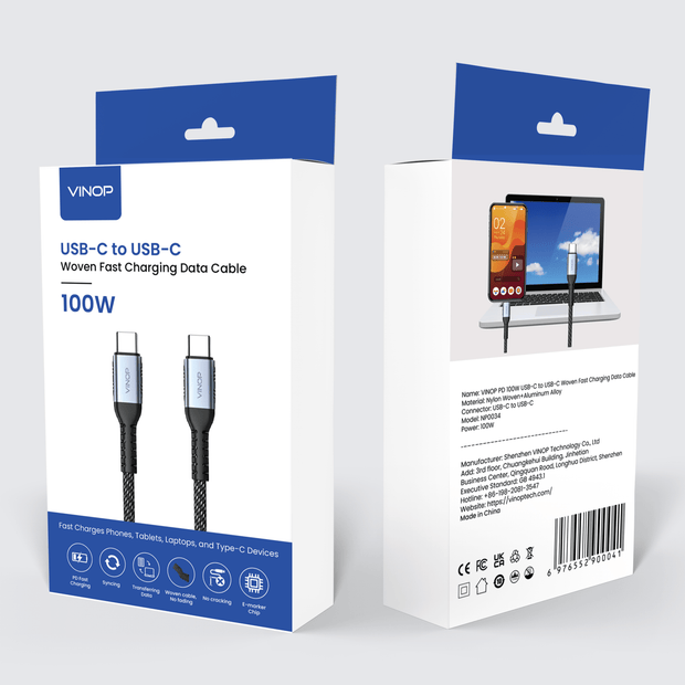 VINOP PD 100W USB-C to USB-C Woven Fast Charging Data Cable black