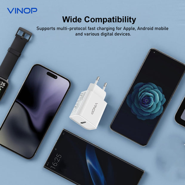 Charge your devices quickly and efficiently with the VINOP PD20W USB-C Fast Charger. This charger features a fast charging speed of 20W and a USB-C port, making it compatible with a wide range of devices. Say goodbye to long charging times and hello to more time using your devices!