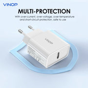Charge your devices quickly and efficiently with the VINOP PD20W USB-C Fast Charger. This charger features a fast charging speed of 20W and a USB-C port, making it compatible with a wide range of devices. Say goodbye to long charging times and hello to more time using your devices!