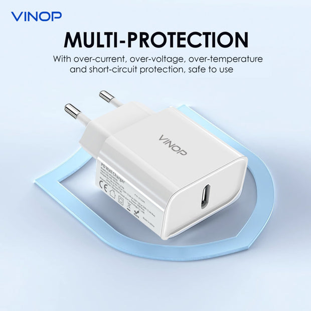 Charge your devices quickly and efficiently with the VINOP PD20W USB-C Fast Charger. This charger features a fast charging speed of 20W and a USB-C port, making it compatible with a wide range of devices. Say goodbye to long charging times and hello to more time using your devices!