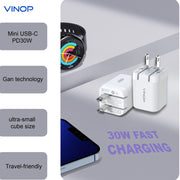Unlock the full potential of your devices with VINOP PD30W USB-C GaN Mini Fast Charger! This compact and powerful charger is compatible with both EU and US plugs, making it the perfect travel companion. Charge your devices up to 2.5X faster with GaN technology. No more waiting, start charging now!