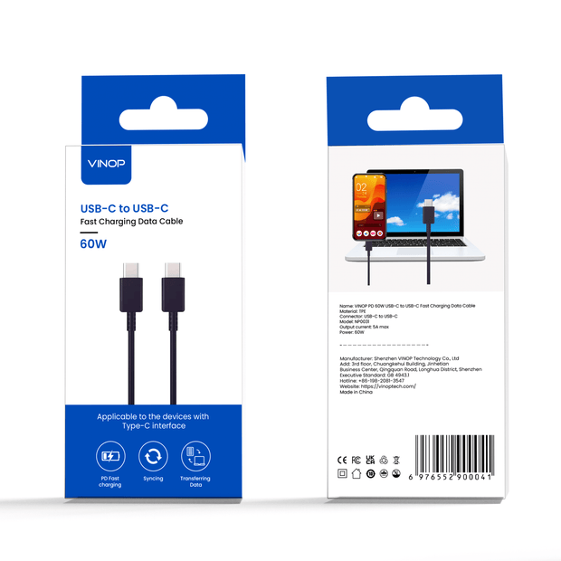 VINOP PD 60W USB-C to USB-C Fast Charging Data Cable